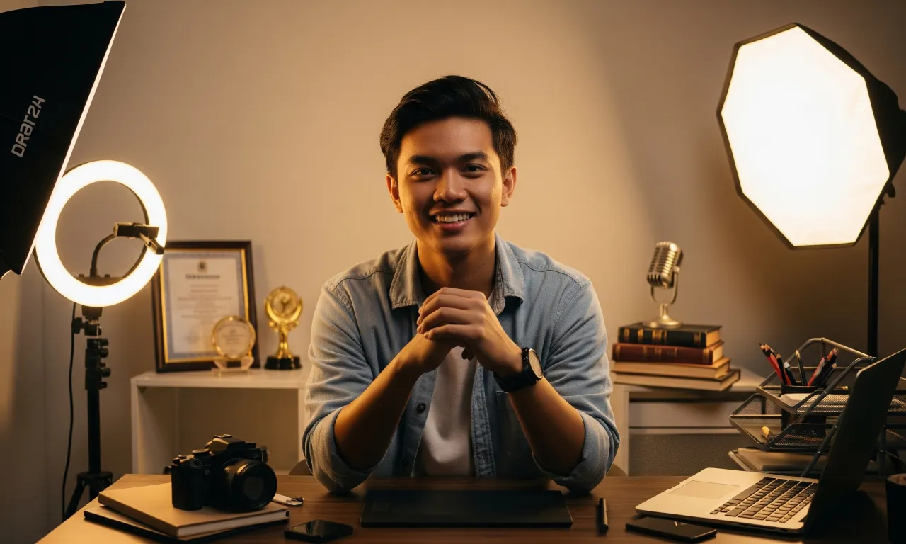 A confident young Filipino YouTuber in a small home studio, representing the journey to becoming a successful content creator.