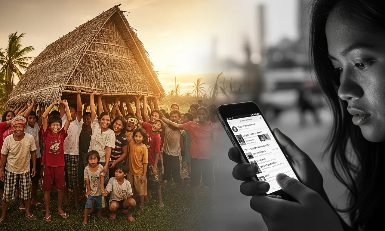 A visual split showing a traditional Bayanihan scene on the left and a modern Filipino scrolling on a phone on the right, questioning if the Bayanihan spirit is being lost in the digital age.
