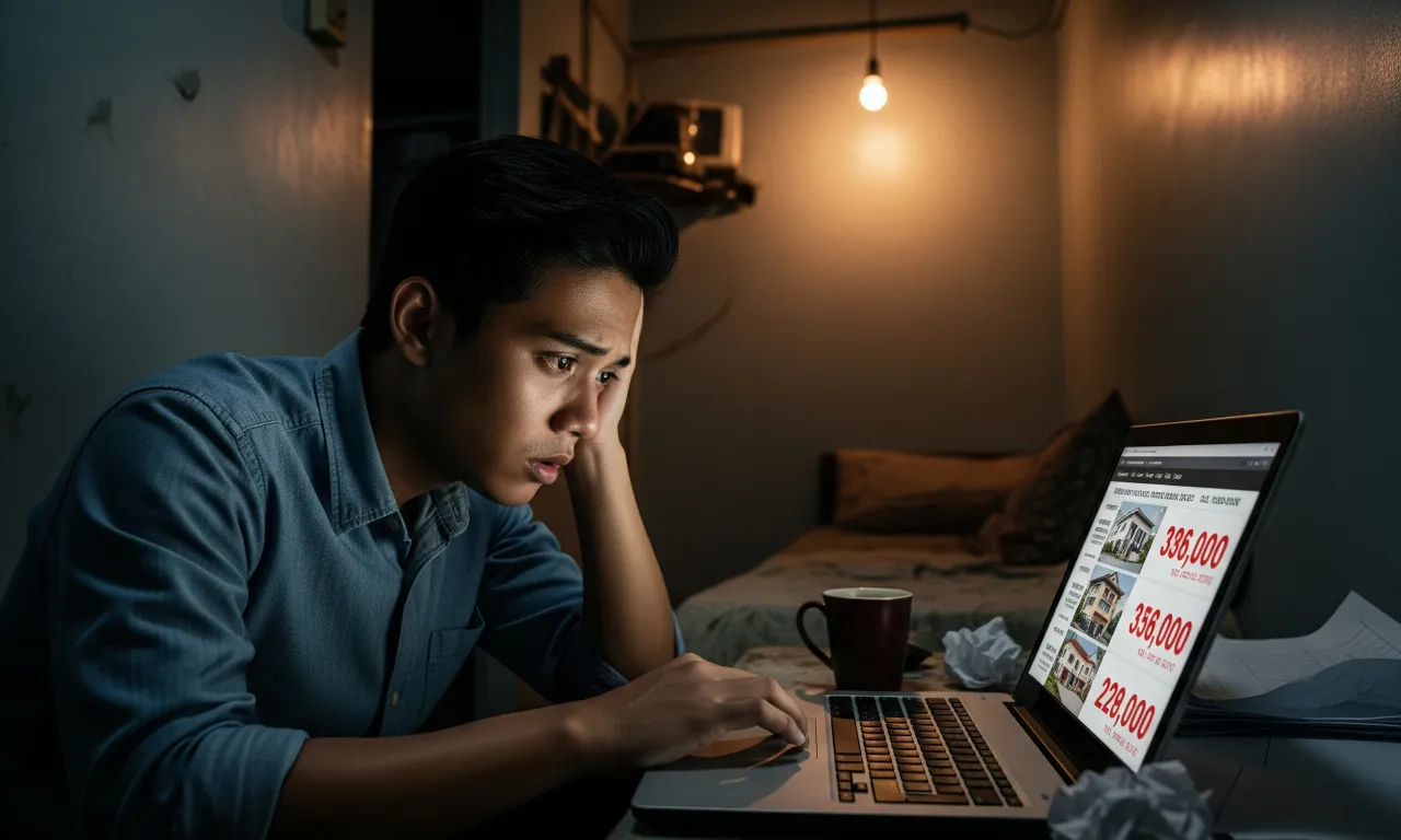 A young Filipino looking at unaffordable real estate listings on a laptop screen, symbolizing the dream of homeownership slipping away.