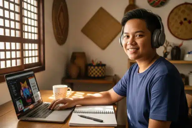Filipino beginner starting freelancing at home with a laptop and headphones.