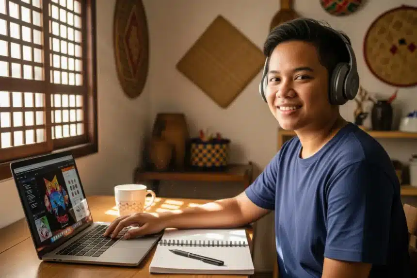 freelancing no experience philippines 2025 Filipino beginner starting freelancing at home with a laptop and headphones.
