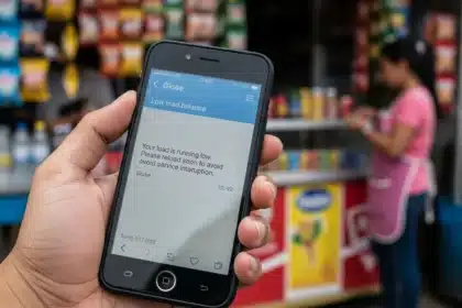 Filipino hand holding a phone with “Low Balance” beside a sari‑sari QR standee, street scene.