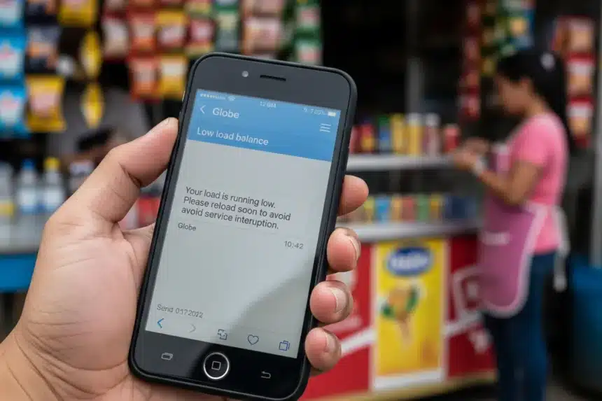 future of e load philippines Filipino hand holding a phone with “Low Balance” beside a sari‑sari QR standee, street scene.