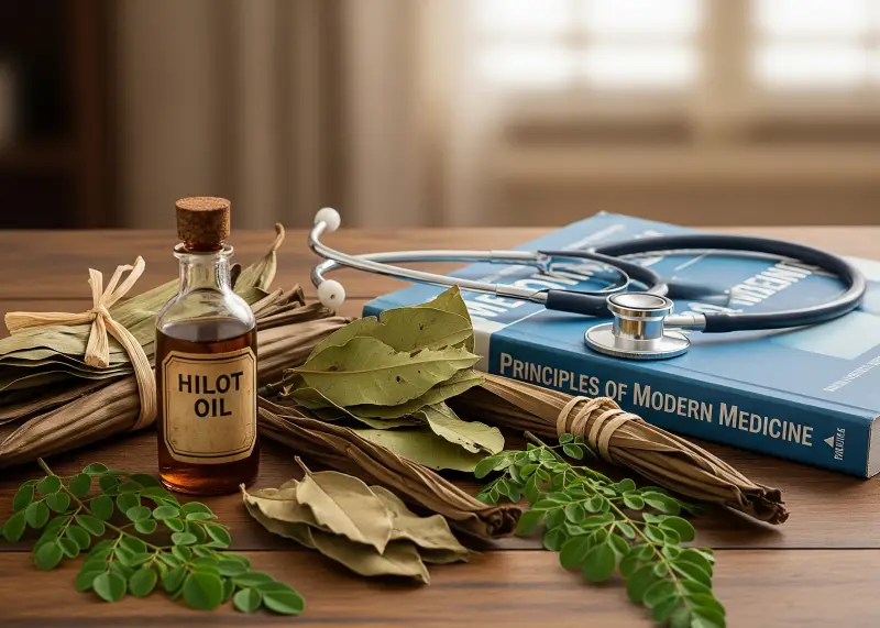 Hilot oil and herbs placed beside a stethoscope and medical book.