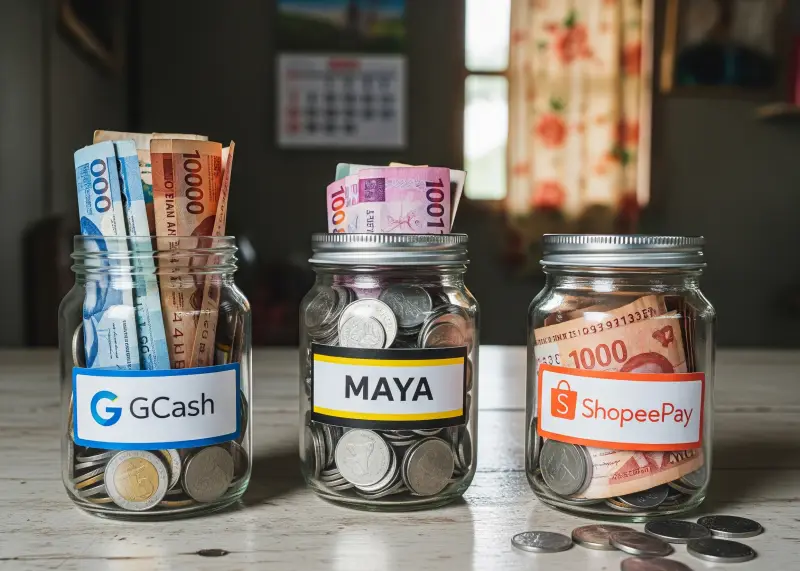 Three jars labeled GCash, Maya, and ShopeePay filled with different amounts of pesos.