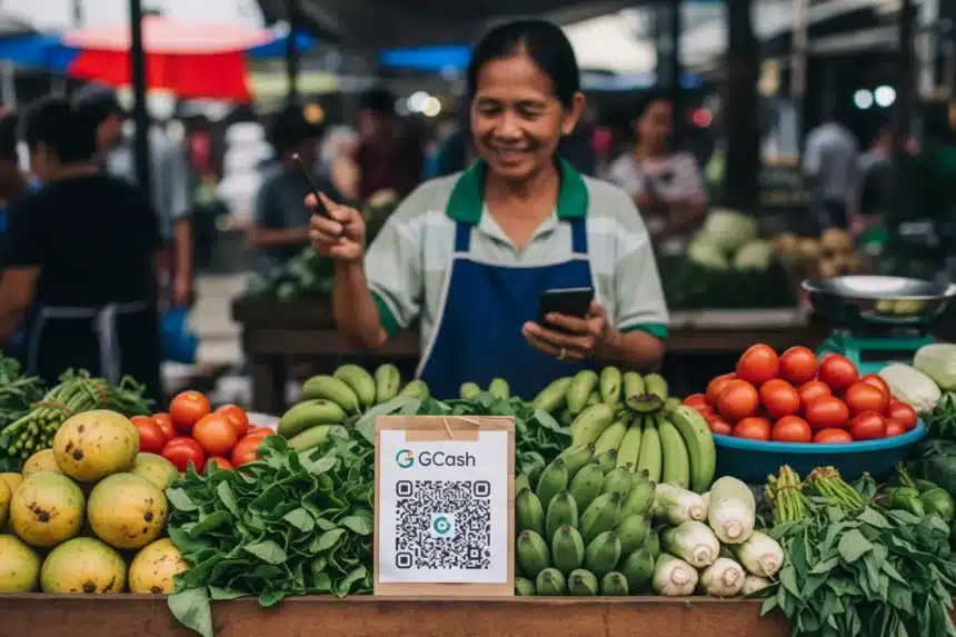 A Filipino vendor in a market stall using a smartphone with a GCash QR code displayed