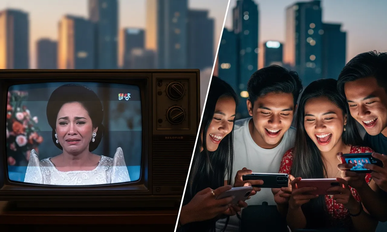 A visual contrast between old-school Filipino TV and modern Gen Z watching social media on their phones, illustrating the shift in Philippine entertainment.