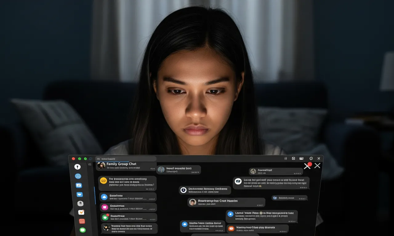 A young Filipino Gen Z individual looking stressed and anxious, surrounded by the pressures of social media and digital life.