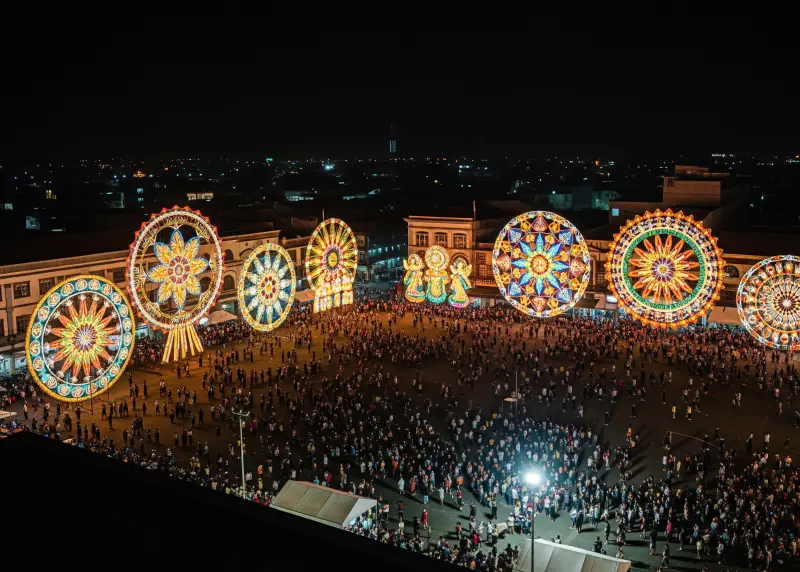 Aerial night shot of giant lanterns glowing in San Fernando Pampanga.