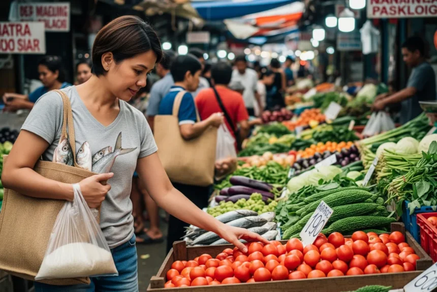 A Filipino mother shopping for vegetables in a wet market, holding a bag of rice and fish while checking prices.