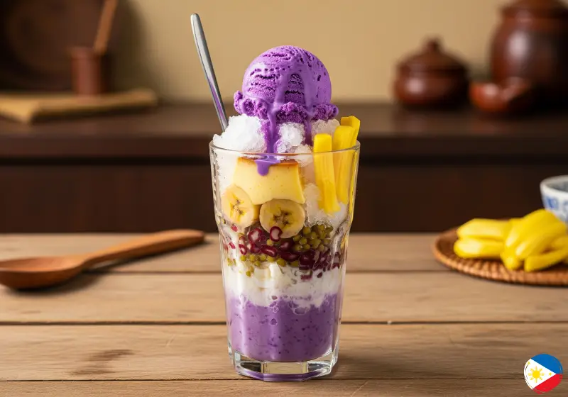 Close-up of halo-halo layers with ube ice cream and leche flan on top.