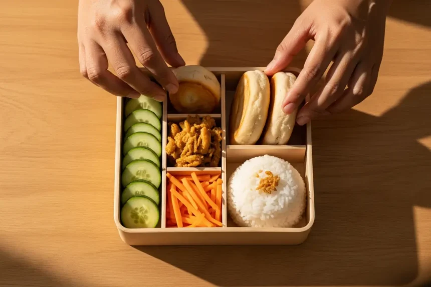 A colorful and healthy bento-style baon for a school kid, featuring rice, chicken, vegetables, and fruit in a lunchbox.