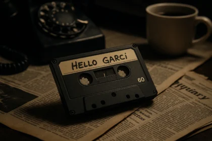 A vintage cassette tape labeled Hello Garci on a journalist’s desk, symbolizing the Philippine election scandal.