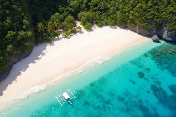 A pristine, uncrowded white sand beach with turquoise waters, symbolizing the hidden beach paradises of the Philippines.