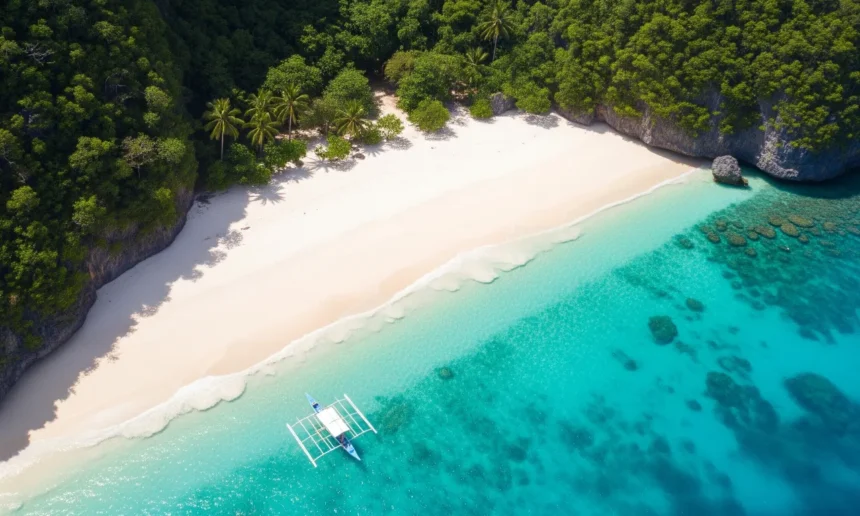 A pristine, uncrowded white sand beach with turquoise waters, symbolizing the hidden beach paradises of the Philippines.