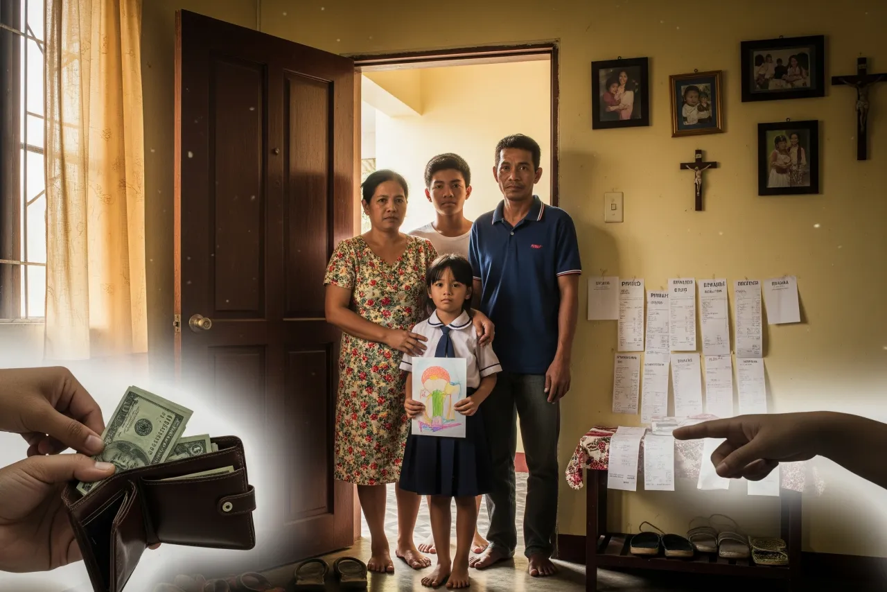 A Filipino family welcoming guests with strained smiles, overlaid with ghostly images of a hand taking money from a wallet, symbolizing the hidden financial cost of their hospitality.