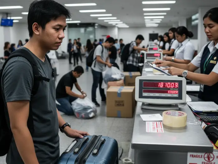 Filipino traveler paying for excess baggage fees at an airport counter.