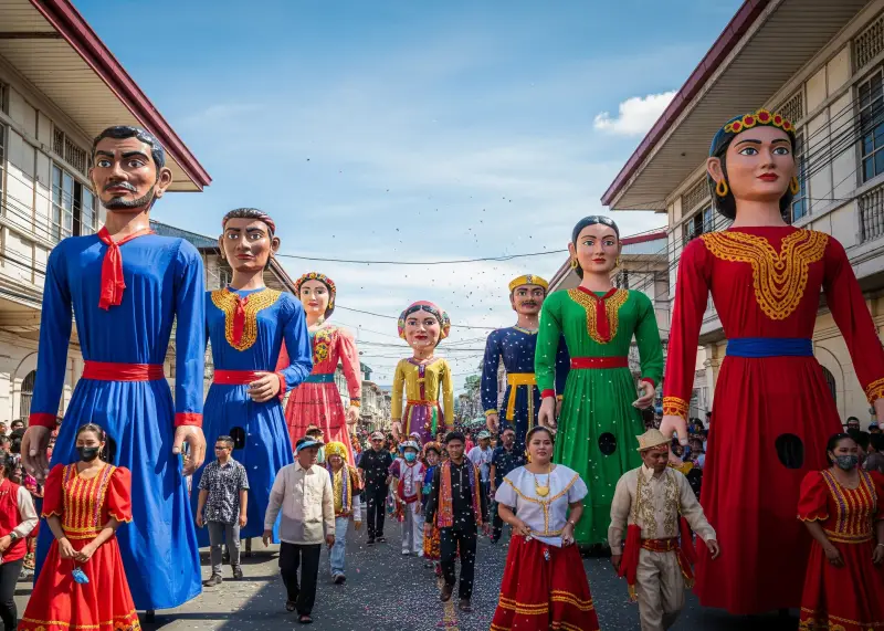 Giant papier-mâché figures parading through the streets at Angono’s Higantes Festival.