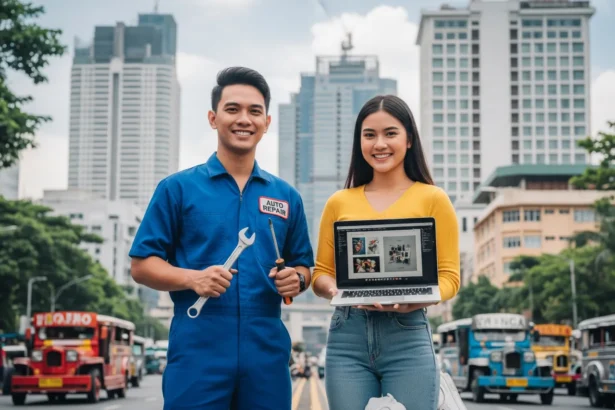 A young Filipino man in mechanic’s uniform holding tools and a woman holding a laptop, standing confidently in front of Manila cityscape.