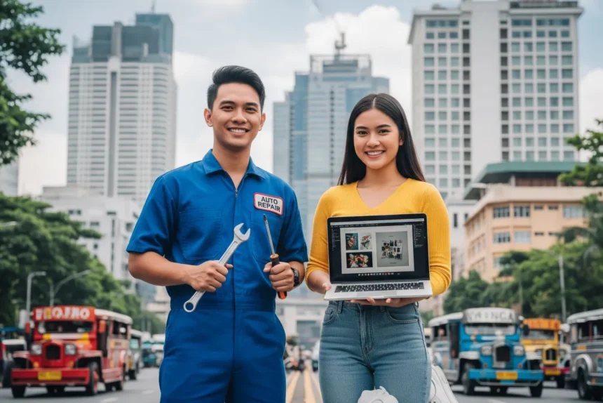A young Filipino man in mechanic’s uniform holding tools and a woman holding a laptop, standing confidently in front of Manila cityscape.