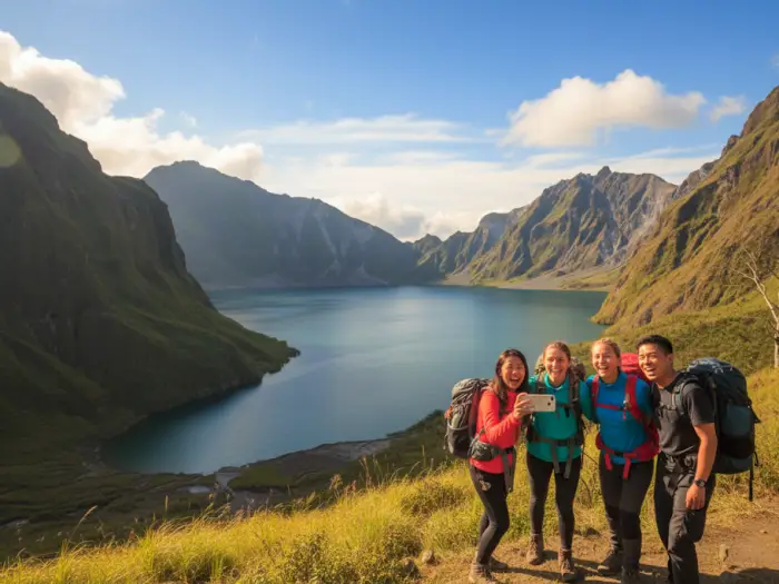 Four happy hikers in outdoor gear take a selfie overlooking Mount Pinatubo's turquoise crater lake.