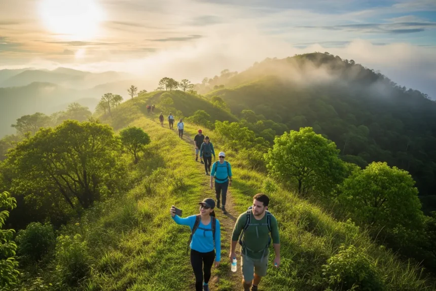 hiking guide philippines Beginner hikers walking along a lush green mountain trail in the Philippines during sunrise with misty hills in the background