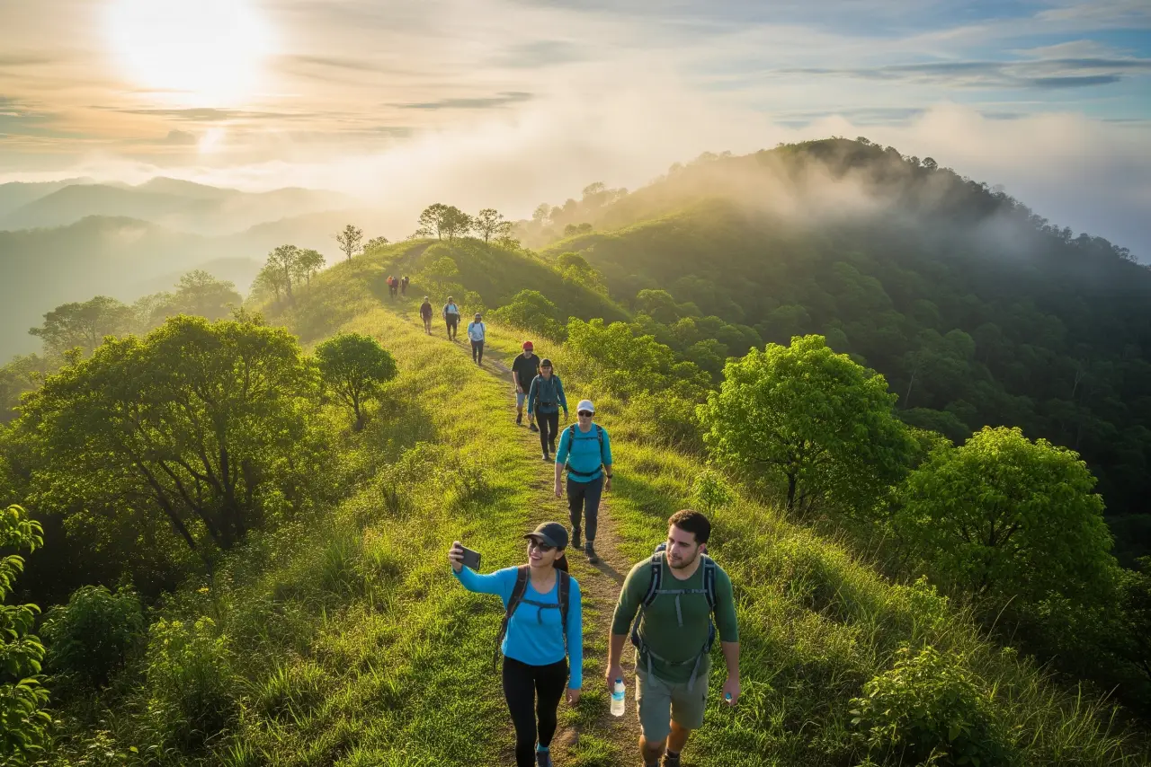 Beginner hikers walking along a lush green mountain trail in the Philippines during sunrise with misty hills in the background