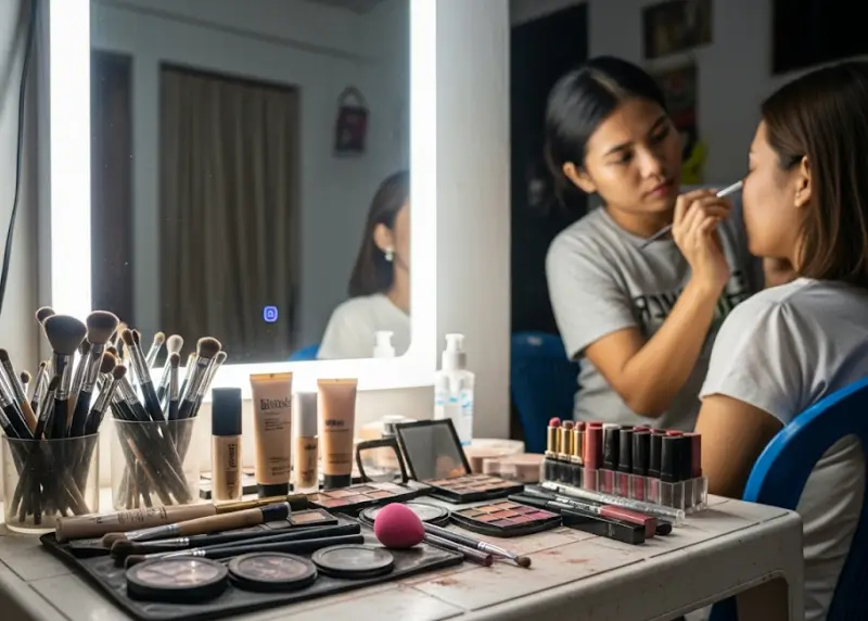 Home-based Filipino makeup or hairstylist doing beauty services.