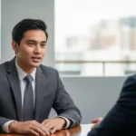Young Filipino professional confidently answering job interview questions in a corporate office setting.