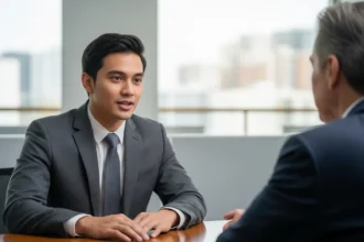Young Filipino professional confidently answering job interview questions in a corporate office setting.
