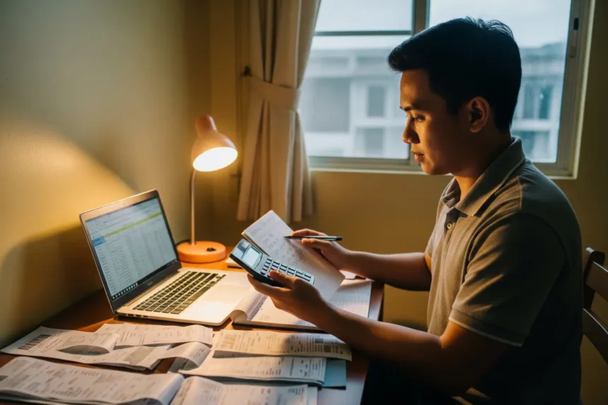 Filipino employee managing monthly budget and expenses on a ₱20K salary in the Philippines.