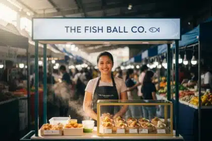 A Filipino entrepreneur serving a customer from his clean and modern food cart on a busy city street in the Philippines.