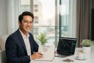A Filipino professional writing investment goals while checking a stock trading app on a laptop.