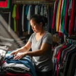 Filipino woman arranging clothes in a small ukay-ukay thrift shop in the Philippines.