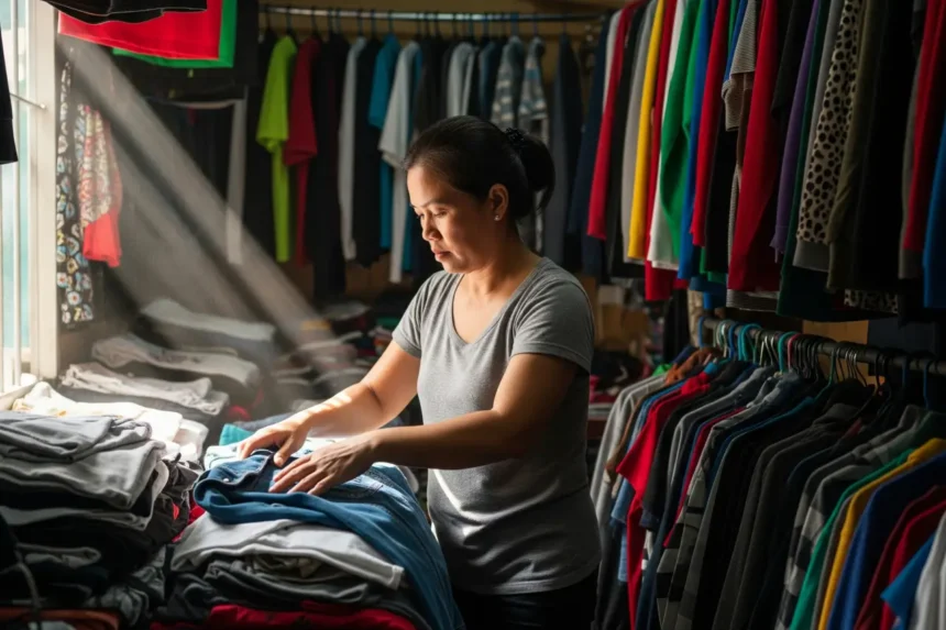 Filipino woman arranging clothes in a small ukay-ukay thrift shop in the Philippines.
