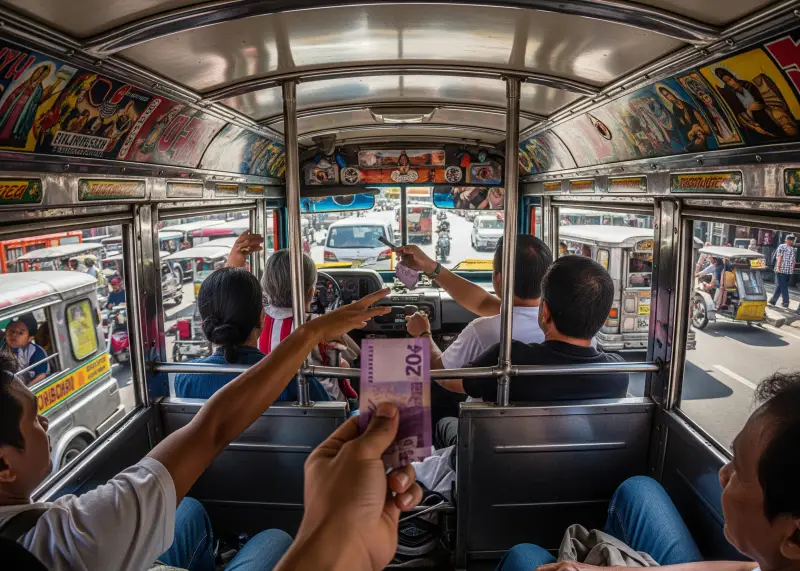 Inside view of a jeepney with passengers passing fare on a busy Philippine street.