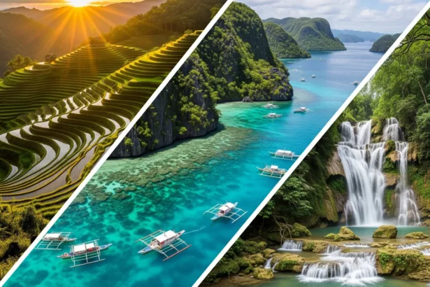 A collage of the Banaue Rice Terraces and El Nido, Palawan, showcasing the Philippines' diverse and photogenic landscapes.