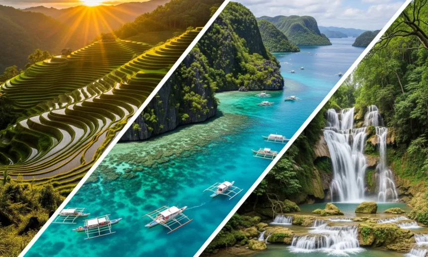 A collage of the Banaue Rice Terraces and El Nido, Palawan, showcasing the Philippines' diverse and photogenic landscapes.