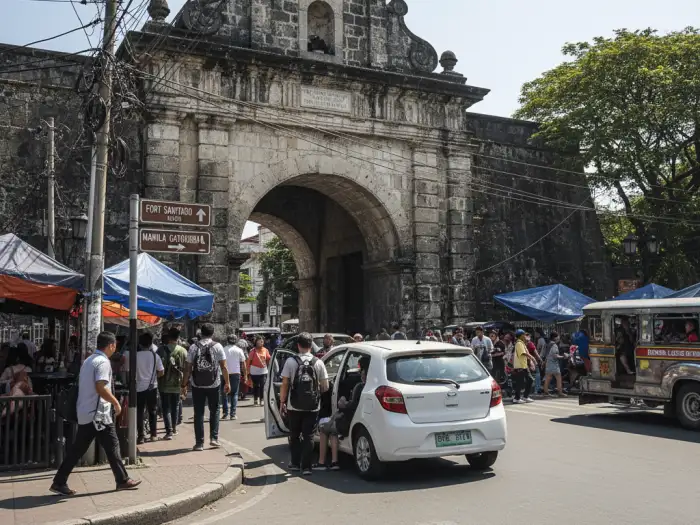 Intramuros practical travel tips Manila photo showing entrance gate, jeepney, and tourists arriving.