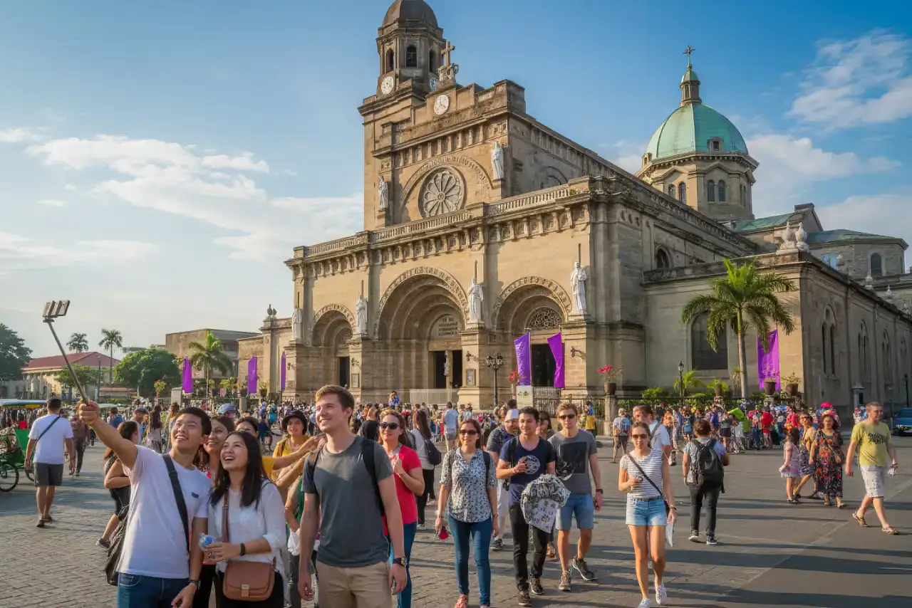 Intramuros travel guide photo showing Manila Cathedral, tourists, and kalesa rides in the Walled City.