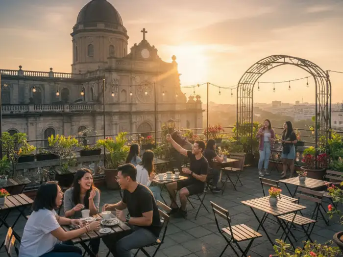 Intramuros where to eat photo showing La Cathedral Café with rooftop views of Manila Cathedral.