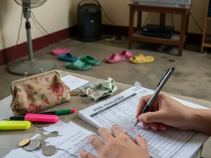 ipon challenge saving schedules filipino home Hands filling out Ipon Challenge saving schedules inside a modest living room.