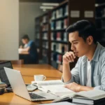 Filipino student studying in a library while pursuing a master’s degree in the Philippines.