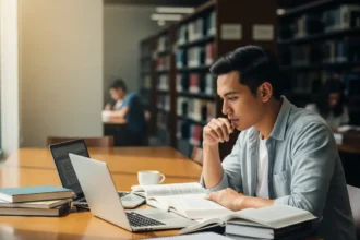 Filipino student studying in a library while pursuing a master’s degree in the Philippines.