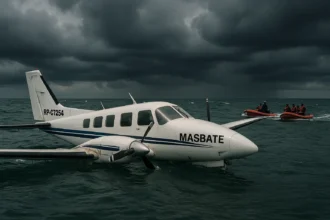 Rescue boats approach the site of Jesse Robredo’s plane crash off the coast of Masbate under stormy skies.