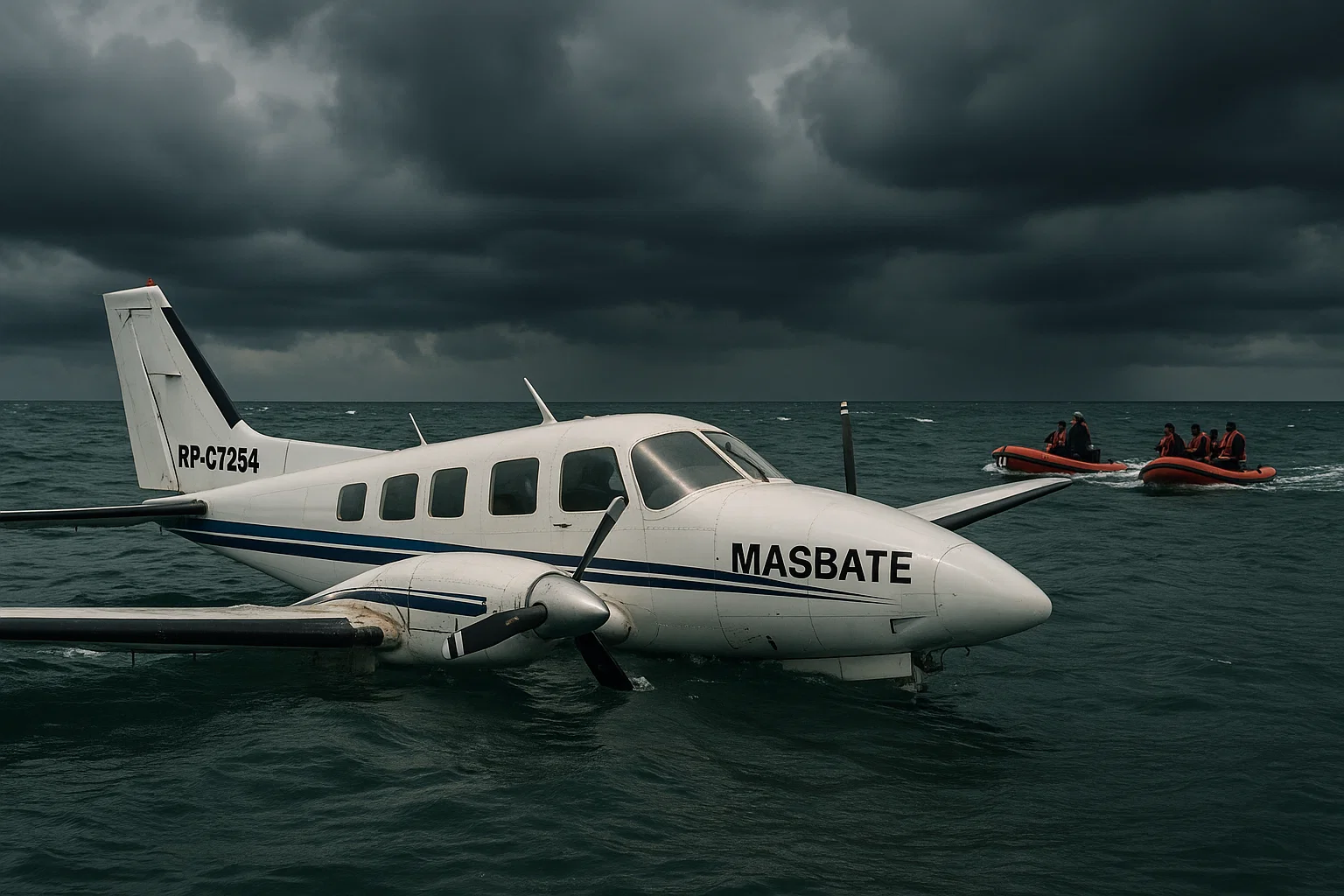 Rescue boats approach the site of Jesse Robredo’s plane crash off the coast of Masbate under stormy skies.