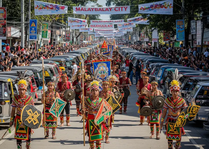 Performers in colorful indigenous costumes dancing in the Kaamulan Festival parade in Malaybalay.