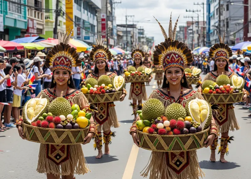 Kadayawan Festival dancers in Davao carrying fruit baskets during the parade.
