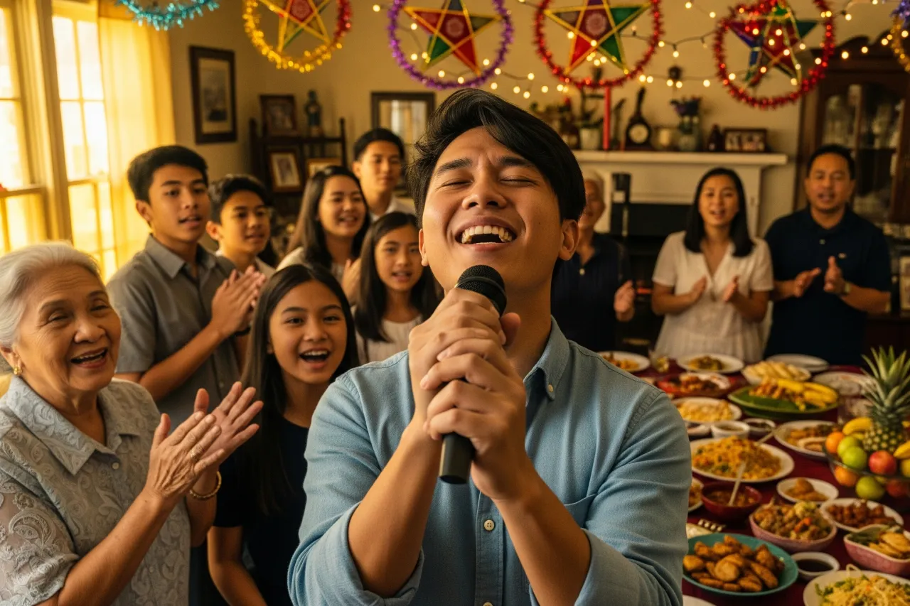 A joyful Filipino family gathered around a karaoke machine, with one member singing passionately into the microphone, illustrating how karaoke is a central part of Filipino social life.