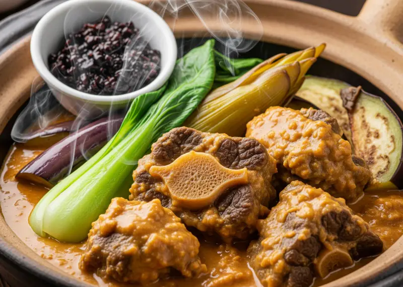 Kare-kare oxtail stew with peanut sauce and bagoong on the side.